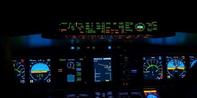 Painel de cabine iluminado, com instrumentos e telas de navegação ligados